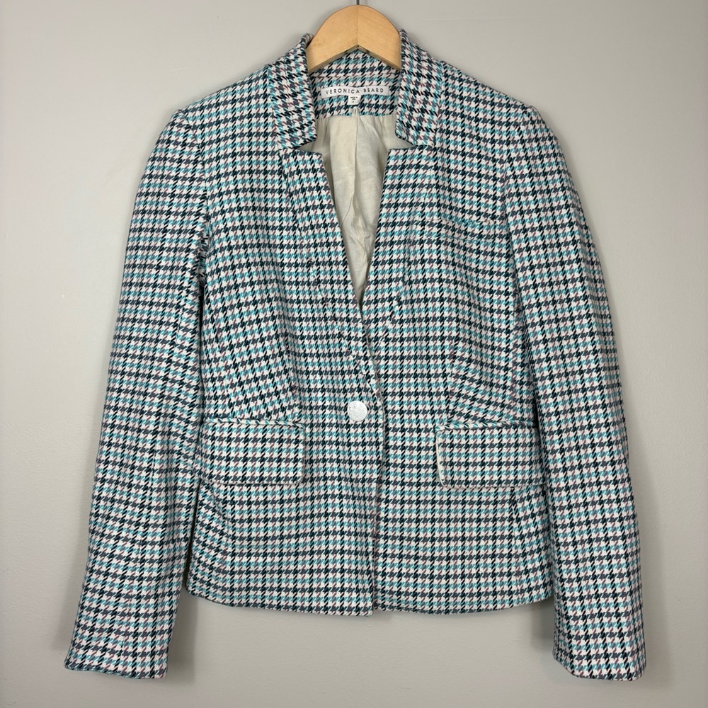 Veronica Beard Farley Dickey Blazer Jacket Sz 2 Turquoise Multi Houndstooth